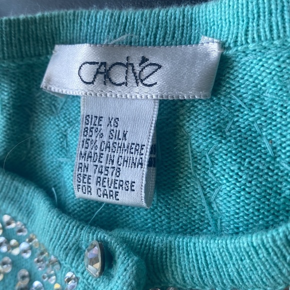 Cache Sz M Teal Silk Cashmere Blend Beaded Bling Sweater. - Picture 2 of 7